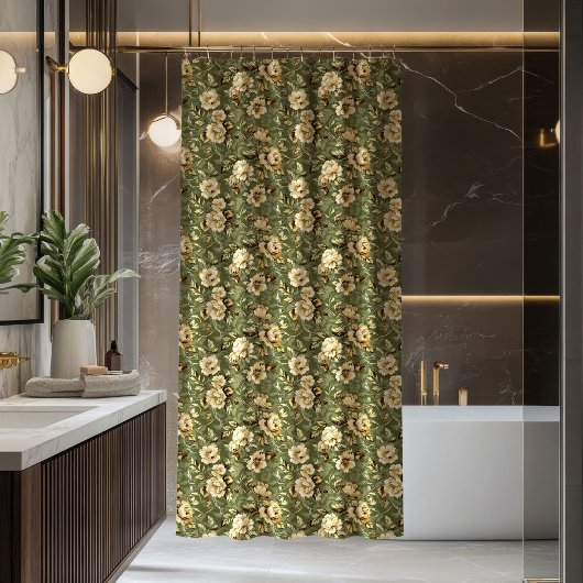 Pastel Green Shower Curtain Elegant Gold Blooms Douchegordijn