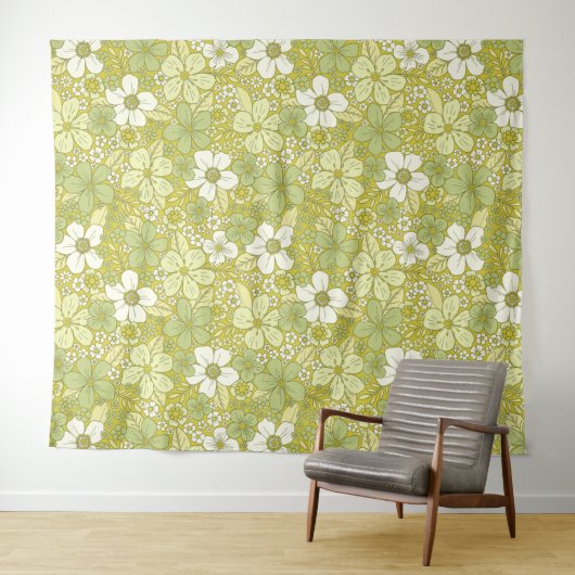 Pastel Green & Yellow Flower Pattern Wandkleed (In Situ (horizontaal))