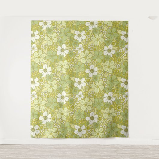 Pastel Green & Yellow Flower Pattern Wandkleed (Voorkant)