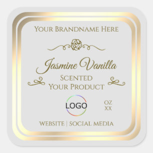 Pastel Grey Product Label met Goud Lijst en Logo