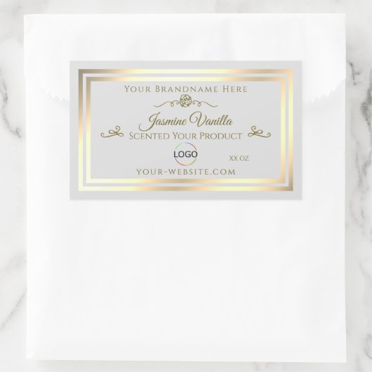 Pastel Grey Product Label met Goud Lijst en Logo (Tas)
