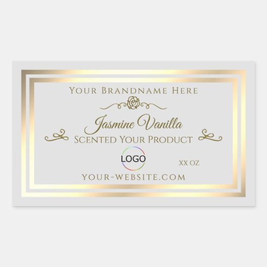 Pastel Grey Product Label met Goud Lijst en Logo (Voorkant)