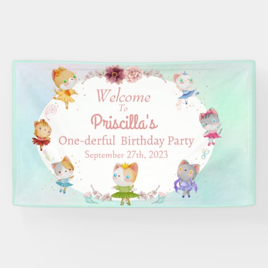 Pastel Groen Alle Ballerina Kat Kids Verjaardagsfe Spandoek (Horizontaal)