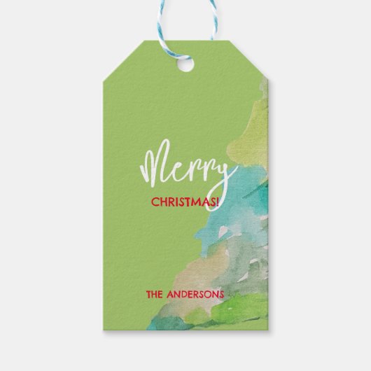 Pastel Groen Blauw Moderne Kerstboom Waterverf Cadeaulabel (Voorkant)