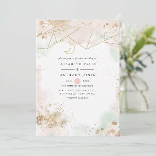 Pastel Groen en Blush Geometrische Bruiloft Kaart (Staand voorkant)