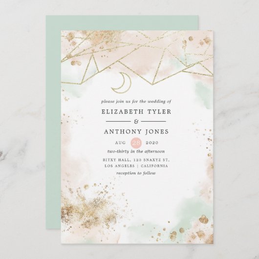 Pastel Groen en Blush Geometrische Bruiloft Kaart (Voorkant / Achterkant)