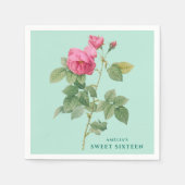 Pastel Groen en Roze Rose  Botanisch Servet (Voorkant)