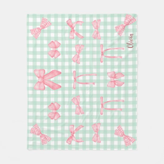 Pastel Groen Gingham Roze Bow Fleece Deken (Voorkant)