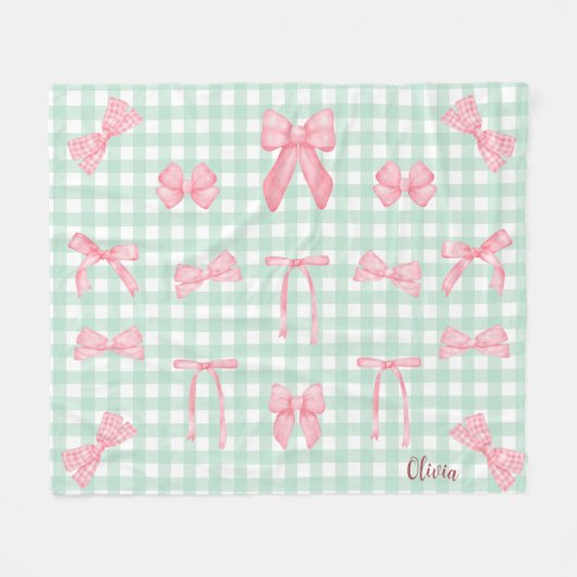 Pastel Groen Gingham Roze Bow Fleece Deken (Voorkant (Horizontaal))