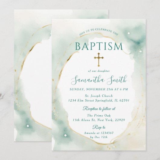 Pastel Groen Goud Kruis Doopsel Doop Kaart (Voorkant / Achterkant)