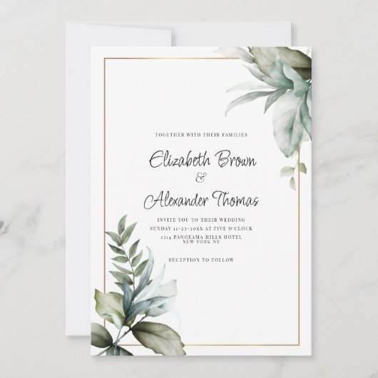 Pastel groen goud mooie bladeren bloemenbruiloft kaart (Voorkant)