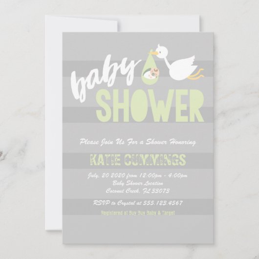 Pastel Groen & Grijs, Stork Baby shower Invitation Kaart (Voorkant)