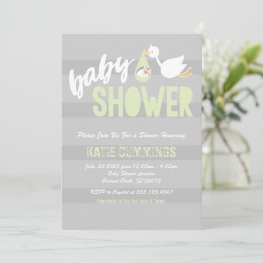 Pastel Groen & Grijs, Stork Baby shower Invitation Kaart (Staand voorkant)