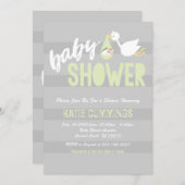 Pastel Groen & Grijs, Stork Baby shower Invitation Kaart (Voorkant / Achterkant)