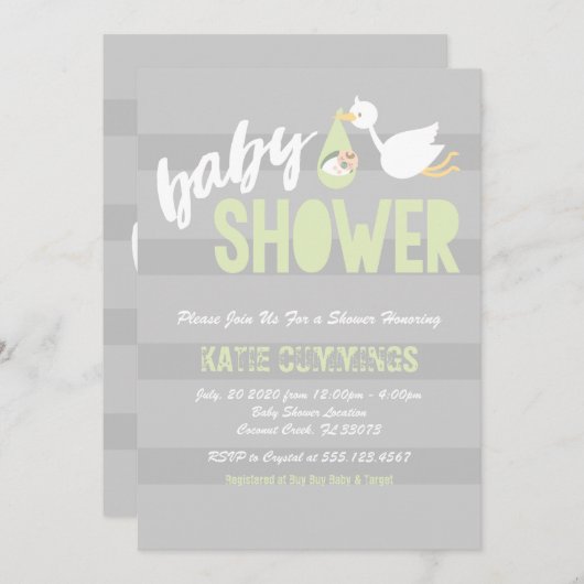 Pastel Groen & Grijs, Stork Baby shower Invitation Kaart (Voorkant / Achterkant)