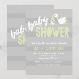 Pastel Groen & Grijs, Stork Baby shower Invitation Kaart