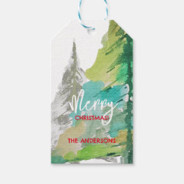 Pastel Groen Moderne Kerstboom Waterverf Kunst Cadeaulabel