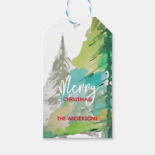 Pastel Groen Moderne Kerstboom Waterverf Kunst Cadeaulabel (Voorkant)