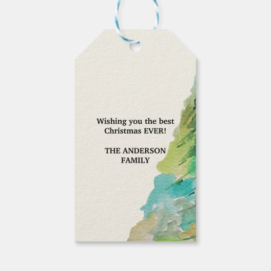 Pastel Groen Moderne Kerstboom Waterverf Kunst Cadeaulabel (Achterkant)
