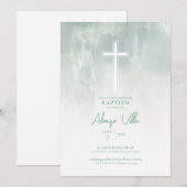 Pastel Groen Religieus Katholiek Doopsel Uitnodigi Kaart (Voorkant / Achterkant)