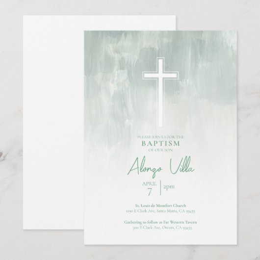 Pastel Groen Religieus Katholiek Doopsel Uitnodigi Kaart (Voorkant / Achterkant)