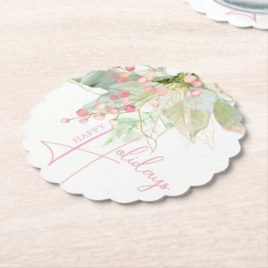 Pastel Groen Roze Goud Poinsettia Holiday Scallop Kartonnen Onderzetters (Gekanteld)