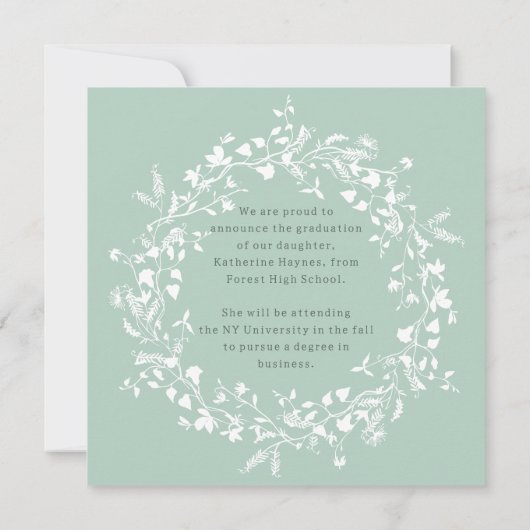 Pastel Groen Wit Wildflower Krans Afstuderen Aankondiging (Achterkant)