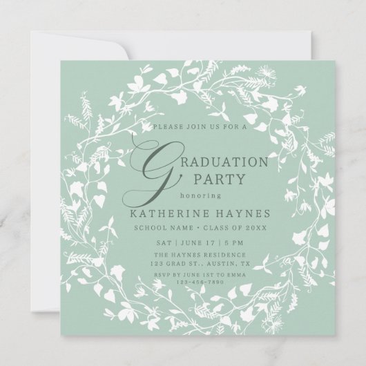 Pastel Groen Wit Wildflower Krans Afstuderen Kaart (Achterkant)