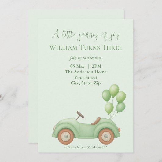 Pastel Groene Auto & Ballon Verjaardag Uitnodiging (Voorkant / Achterkant)