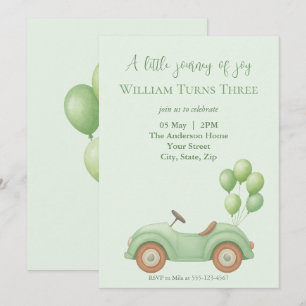 Pastel Groene Auto & Ballon Verjaardag Uitnodiging