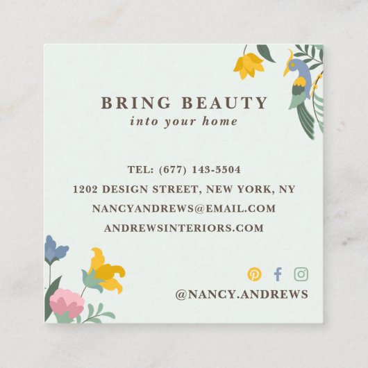 Pastel groene floral bouquet whimsical-illustratie vierkante visitekaartje (Achterkant)