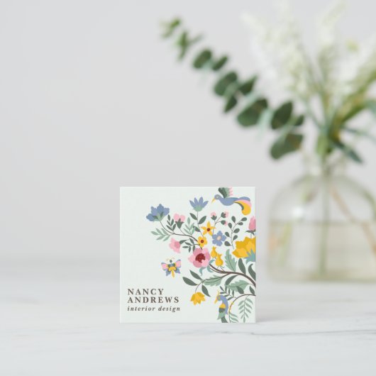 Pastel groene floral bouquet whimsical-illustratie vierkante visitekaartje (Staand voorkant)