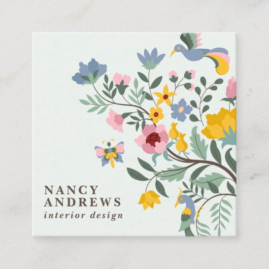 Pastel groene floral bouquet whimsical-illustratie vierkante visitekaartje (Voorkant)