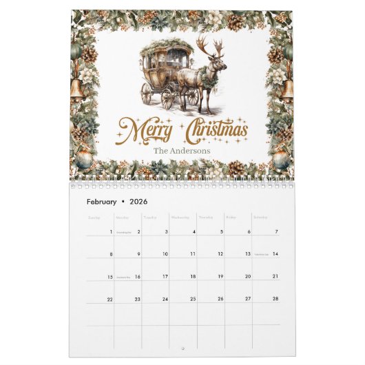 Pastel groene krans en goud Rendier en slee Kalender (Feb 2026)