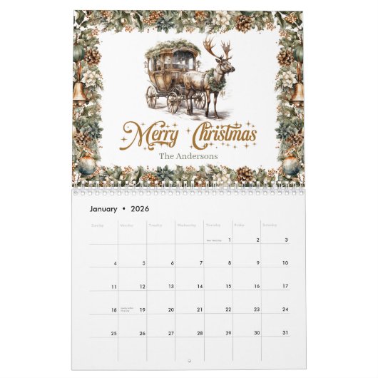 Pastel groene krans en goud Rendier en slee Kalender (Jan 2026)