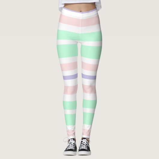 Pastel groene, roze, Paarse witte gestreepte Leggi Leggings (Voorkant)