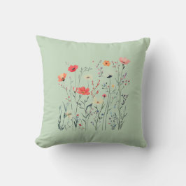 Pastel Groene Wilde Bloemen Design, Zomer Breeze, Kussen