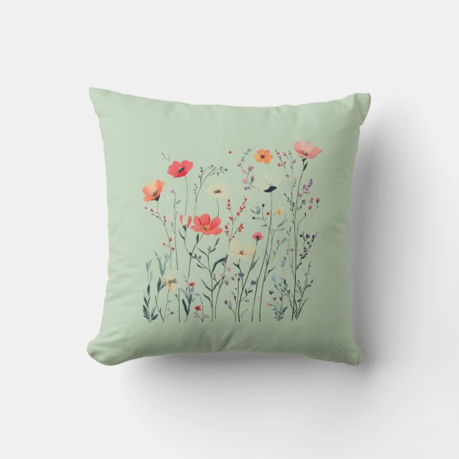 Pastel Groene Wilde Bloemen Design, Zomer Breeze, Kussen (Voorkant)