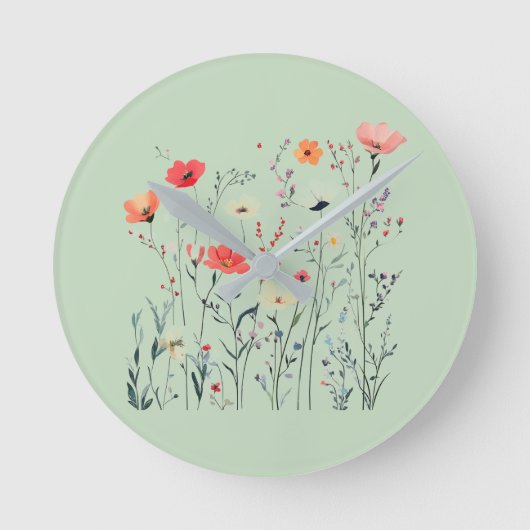 Pastel Groene Wilde Bloemen Design, Zomer Breeze, Ronde Klok (Voorkant)