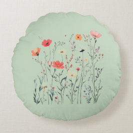 Pastel Groene Wilde Bloemen Ontwerp, Bloemenbries, Rond Kussen