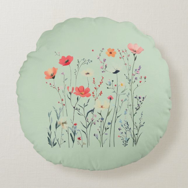 Pastel Groene Wilde Bloemen Ontwerp, Bloemenbries, Rond Kussen (Voorkant)