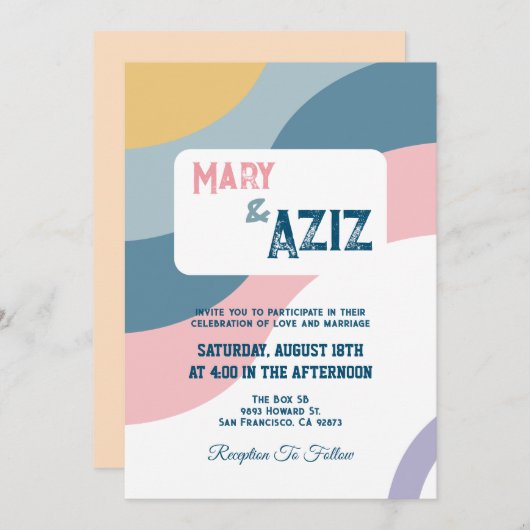 Pastel Groovy Retro 70s Bloemen bruiloft uitnodigi Kaart (Voorkant / Achterkant)