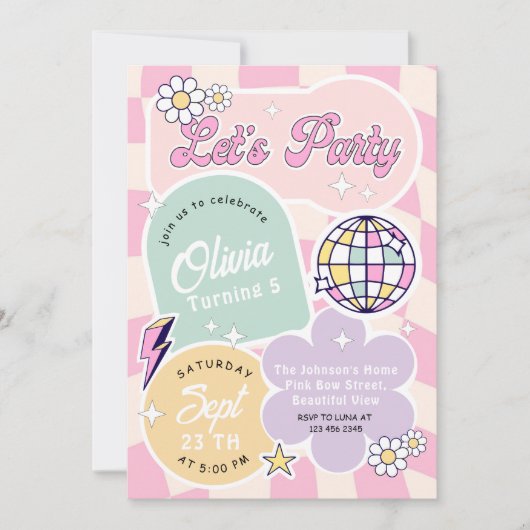 Pastel Groovy Retro Let's Party Verjaardag Kaart (Voorkant)