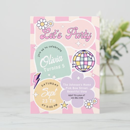 Pastel Groovy Retro Let's Party Verjaardag Kaart (Staand voorkant)