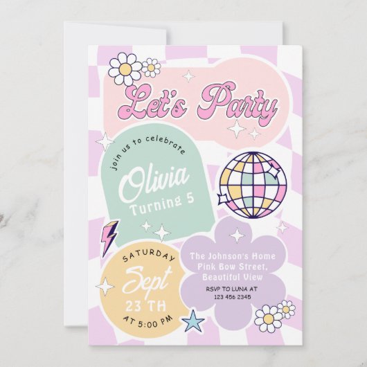 Pastel Groovy Retro Let's Party Verjaardag Kaart (Voorkant)