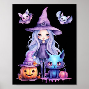 Pastel Halloween Heks Kat Pompoen Pastelcore Poster