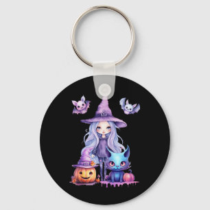 Pastel Halloween Heks Kat Pompoen Pastelcore Sleutelhanger
