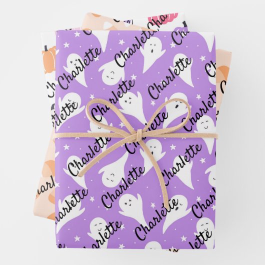 Pastel Halloween Naam van het kind Geesten Pompoen Inpakpapier Vel (In situ)