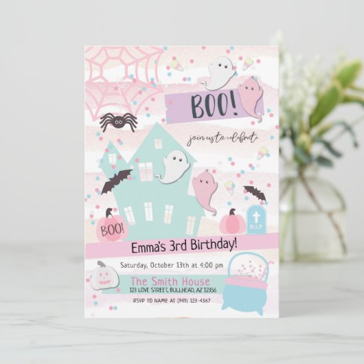 Pastel Halloween Party Kids Birthday Uitnodiging (Staand voorkant)