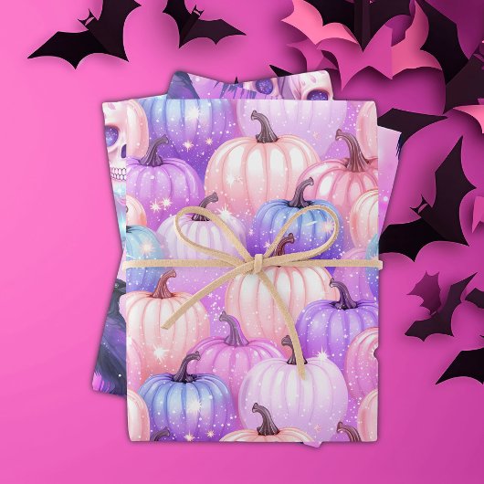 Pastel Halloween pompoenen, schedels, kraaien, roz Inpakpapier Vel